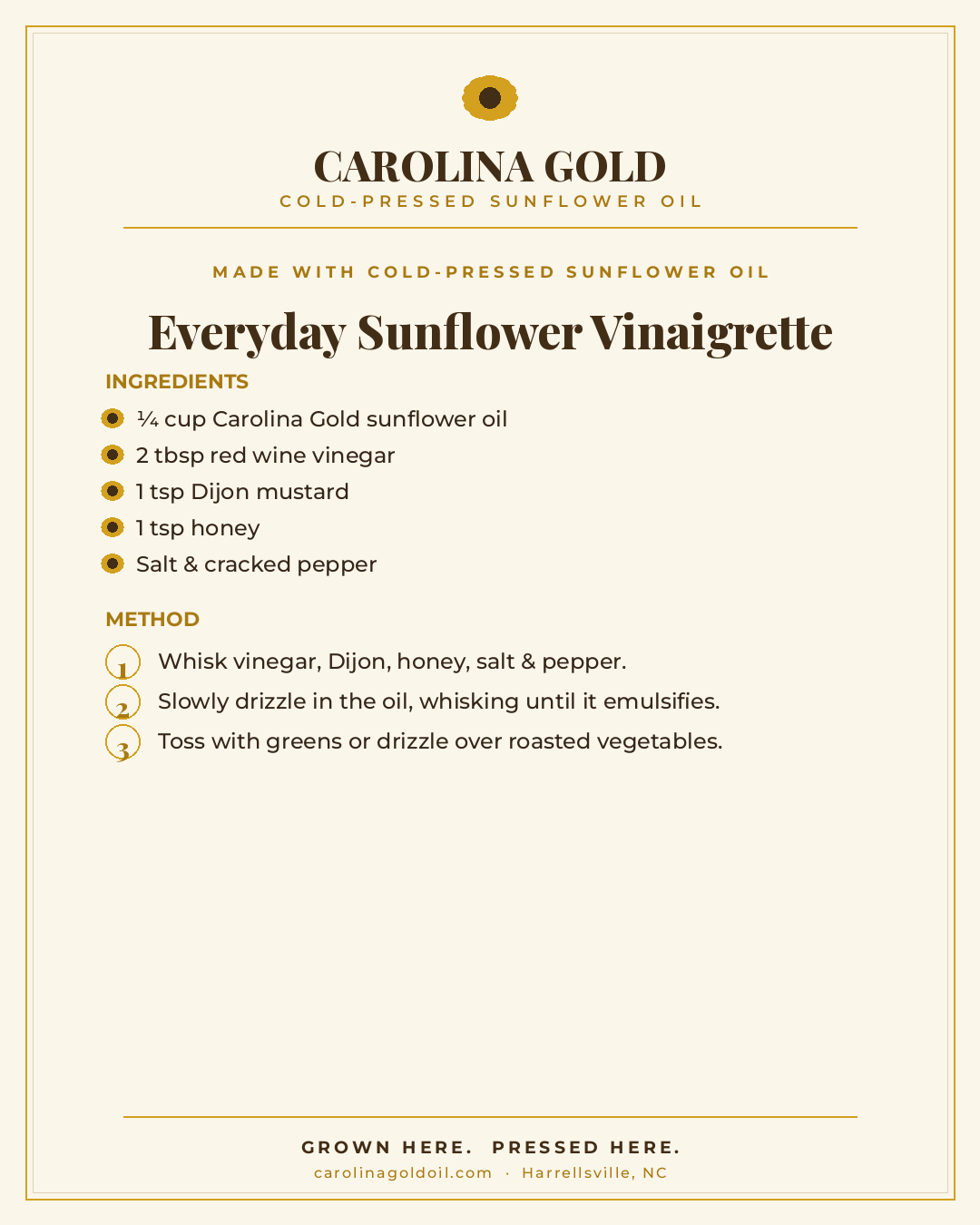 Recipe: Everyday Sunflower Vinaigrette with Carolina Gold sunflower oil