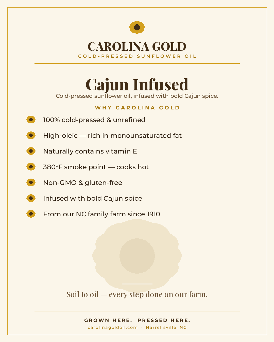Why Carolina Gold Cajun Infused — cold-pressed, high-oleic, non-GMO sunflower oil benefits