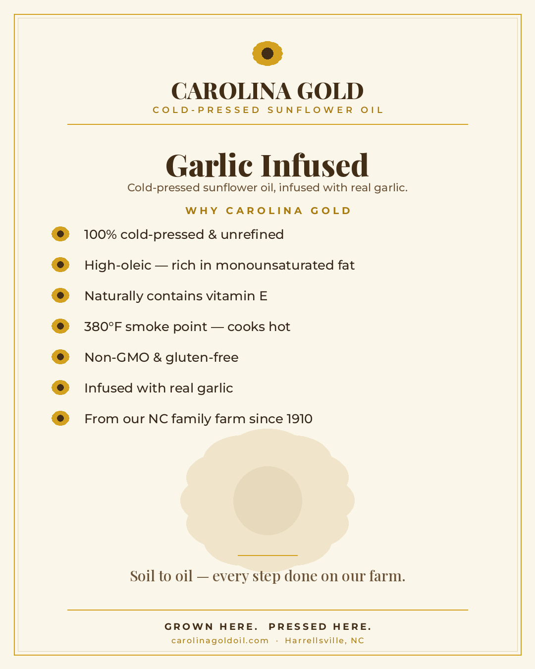 Why Carolina Gold Garlic Infused — cold-pressed, high-oleic, non-GMO sunflower oil benefits