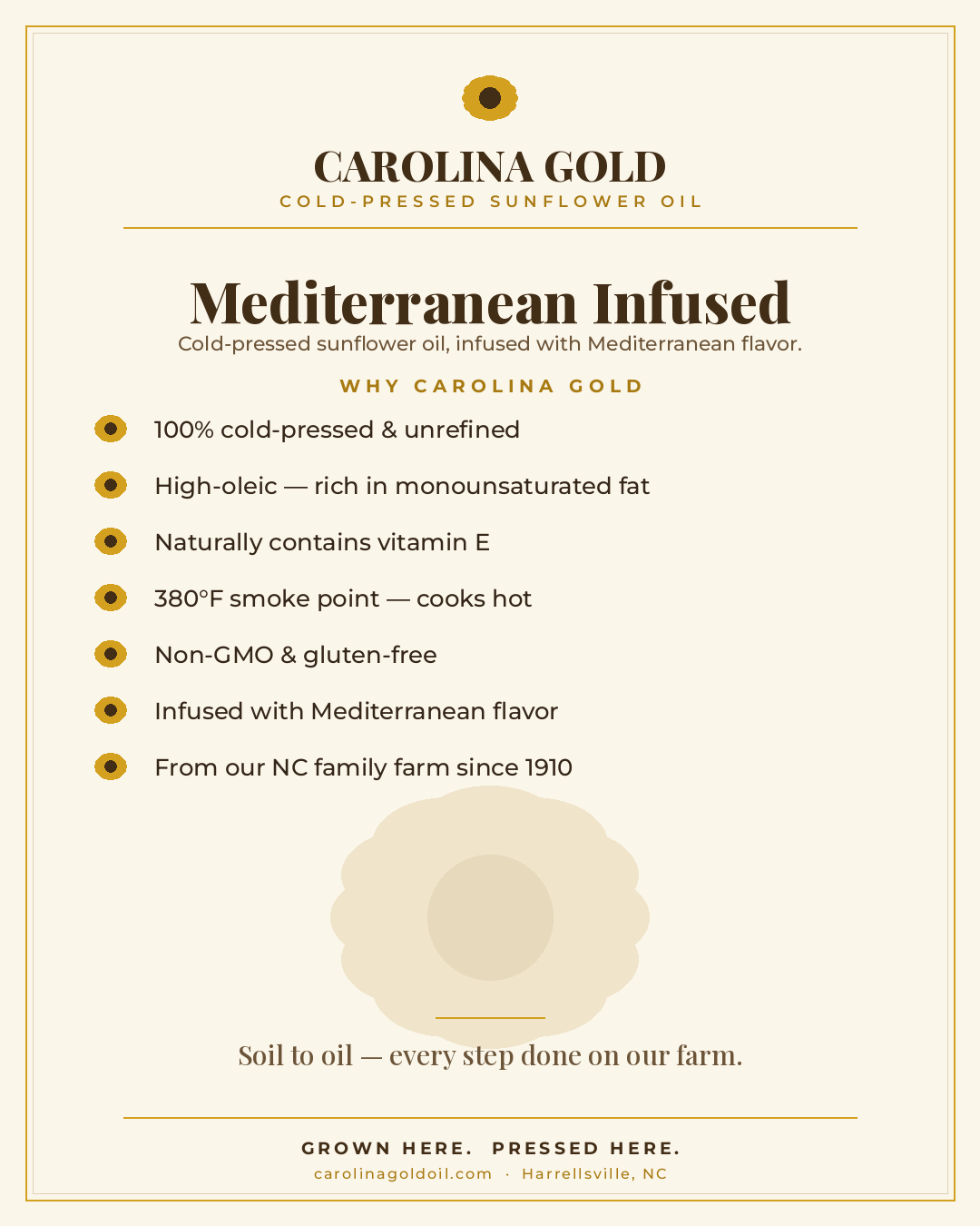 Why Carolina Gold Mediterranean Infused — cold-pressed, high-oleic, non-GMO sunflower oil benefits
