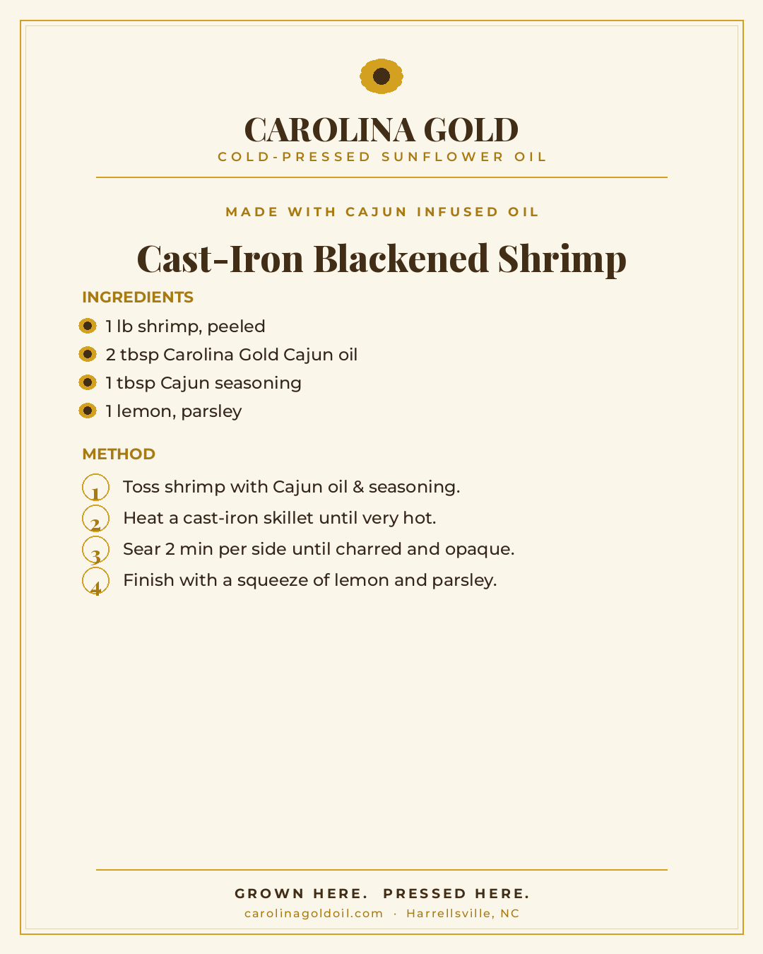 Recipe: Cast-Iron Blackened Shrimp with Carolina Gold Cajun oil