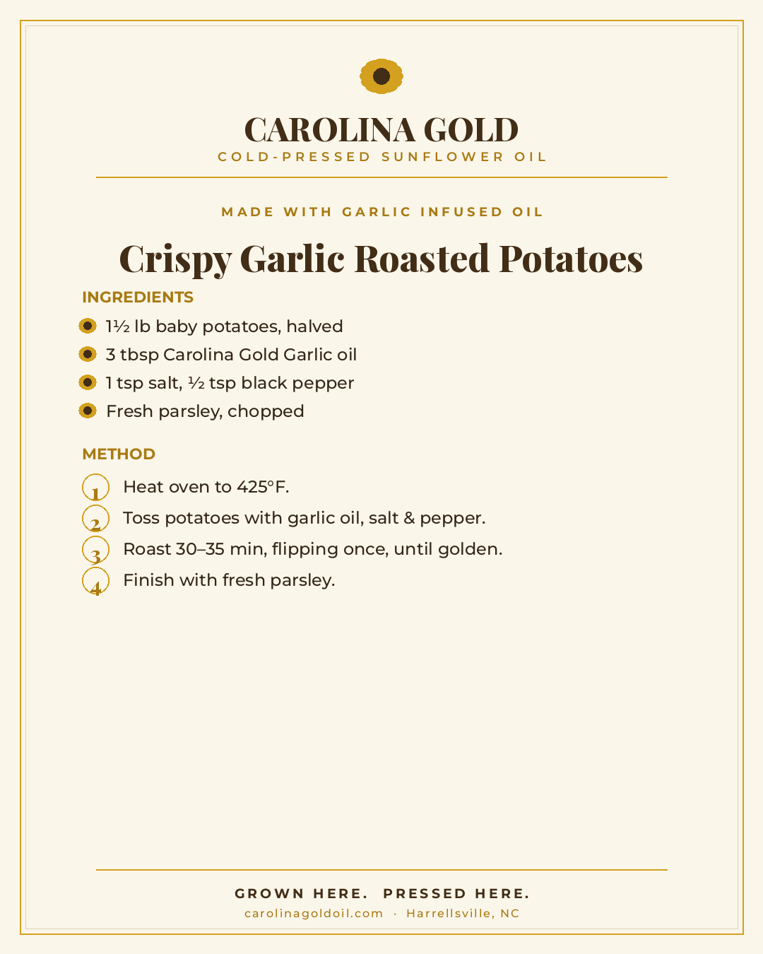 Recipe: Crispy Garlic Roasted Potatoes with Carolina Gold Garlic oil