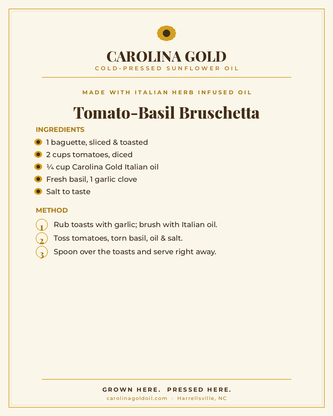 Recipe: Tomato-Basil Bruschetta with Carolina Gold Italian oil
