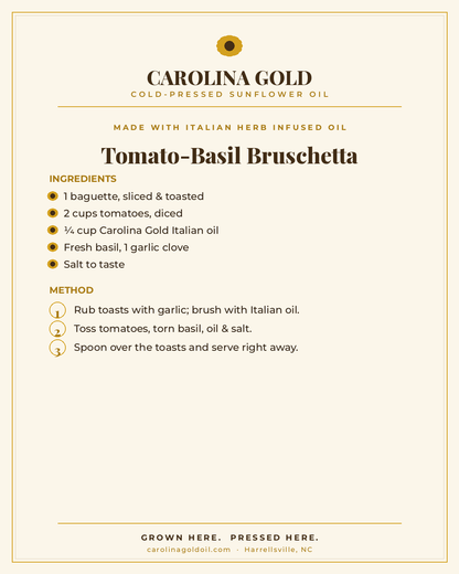 Recipe: Tomato-Basil Bruschetta with Carolina Gold Italian oil
