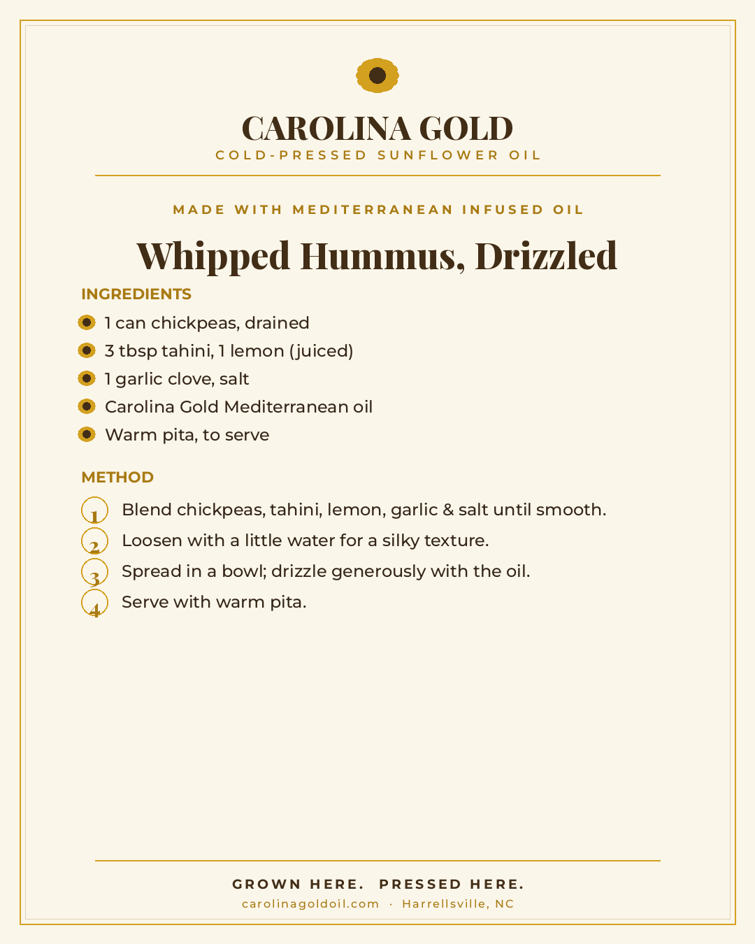Recipe: Whipped Hummus with Carolina Gold Mediterranean oil